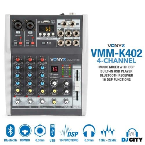 Vonyx VMM-K402 – 4 Channel Music Mixer Bluetooth USB with DSP