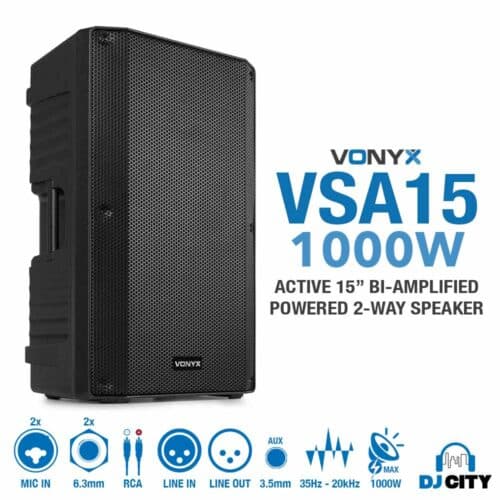 Vonyx VSA15 Pair – (2x) Bi-Amplified 15″ Inch 1000W Active Speakers